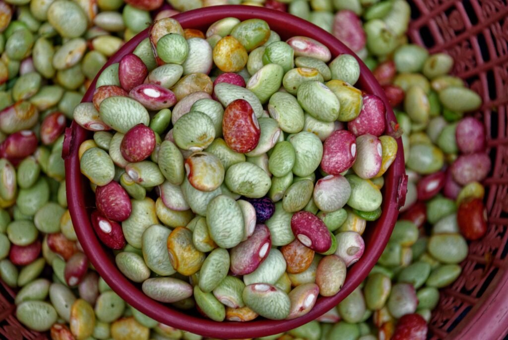 Close-up of vibrant red and green kidney beans in a woven basket.